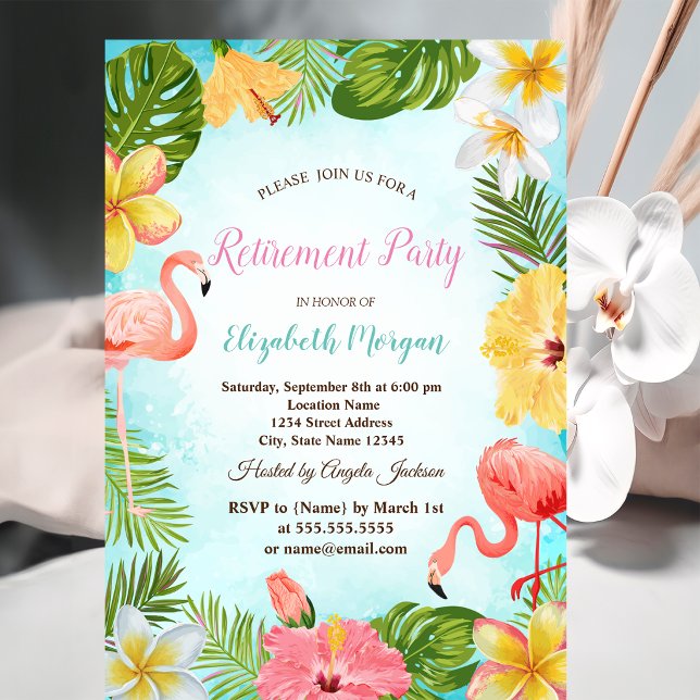 Palm Leaf Blume Flamingos Retirement Party Einladung (Von Creator hochgeladen)
