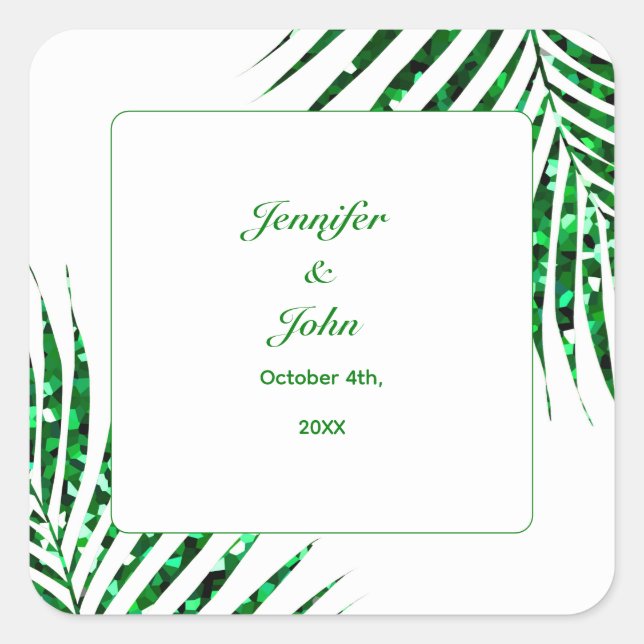 Palm Leaf Emerald Green Glitzer Tropical Wedding Quadratischer Aufkleber (Vorderseite)