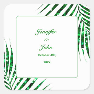 Palm Leaf Emerald Green Glitzer Tropical Wedding Quadratischer Aufkleber