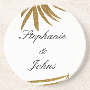 Palm Leaf Gold Glitzer Custom Couple Name Tropical Getränkeuntersetzer