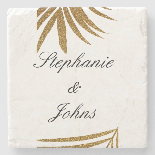 Palm Leaf Gold Glitzer Custom Couple Name Tropical Steinuntersetzer (Vorderseite)