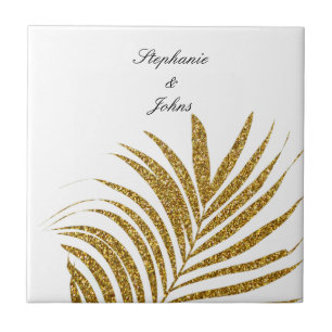 Palm Leaf Gold Glitzer Individuelle Name Hochzeits Fliese