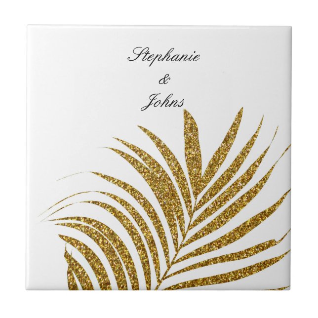Palm Leaf Gold Glitzer Individuelle Name Hochzeits Fliese (Vorderseite)