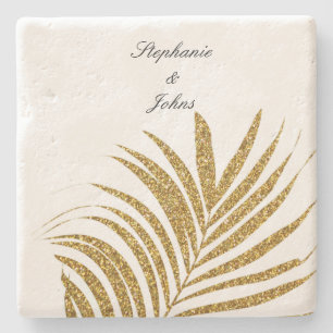Palm Leaf Gold Glitzer Individuelle Name Hochzeits Steinuntersetzer