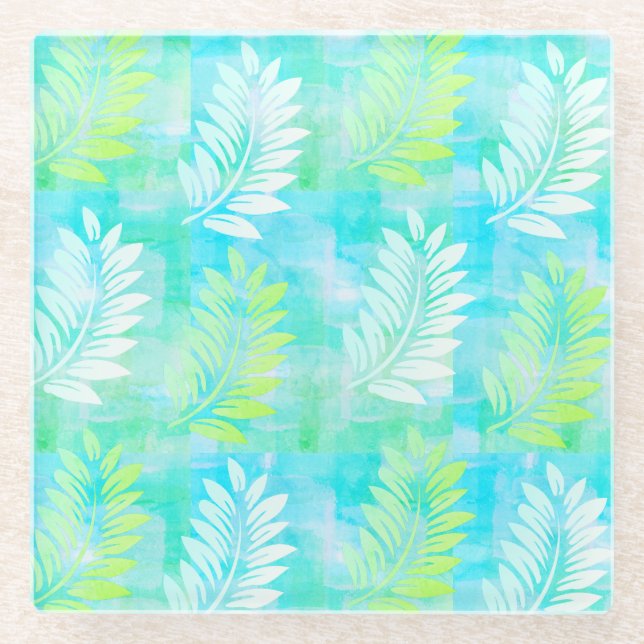 Palm Leaf Muster auf Caribbean Blue Tropical Glasuntersetzer (Vorderseite)