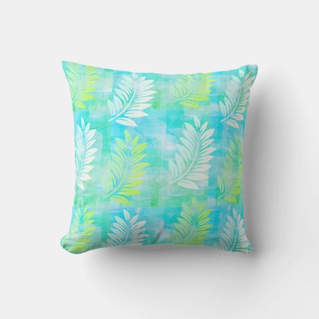 Palm Leaf Muster auf Caribbean Blue Tropical Kissen (Vorderseite)