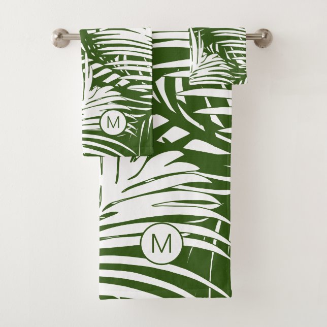 Palm Leaf Muster Moderne Tropen Mit Monogramm Badhandtuch Set (Insitu)