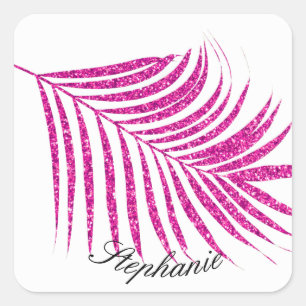 Palm Leaf Rosa Glitzer Individuelle Name Niedlich  Quadratischer Aufkleber