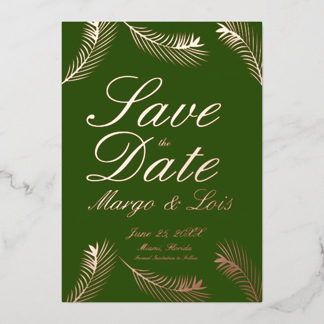 Palm Leaf Save the Date Green Gold gepresst Folieneinladung (Vorderseite)