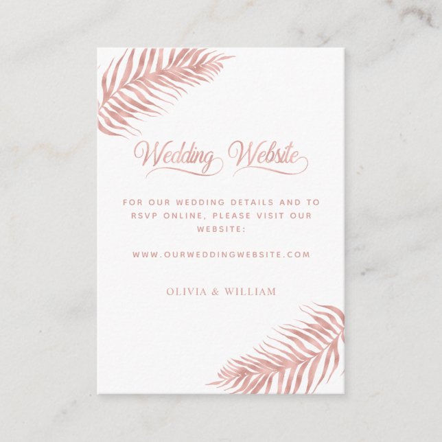 Palm Leaf Tropical Rose Gold White Wedding Website Begleitkarte (Vorderseite)
