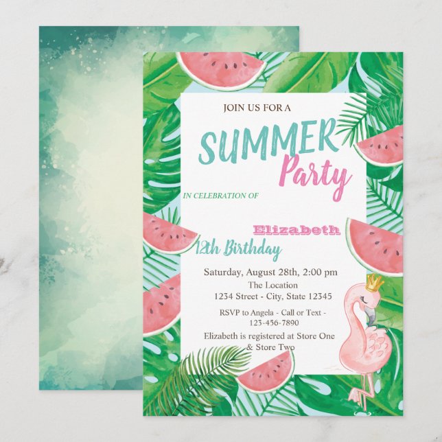 Palm Leaf Watermelon Pink Flamingo Birthday Party Einladung (Vorne/Hinten)