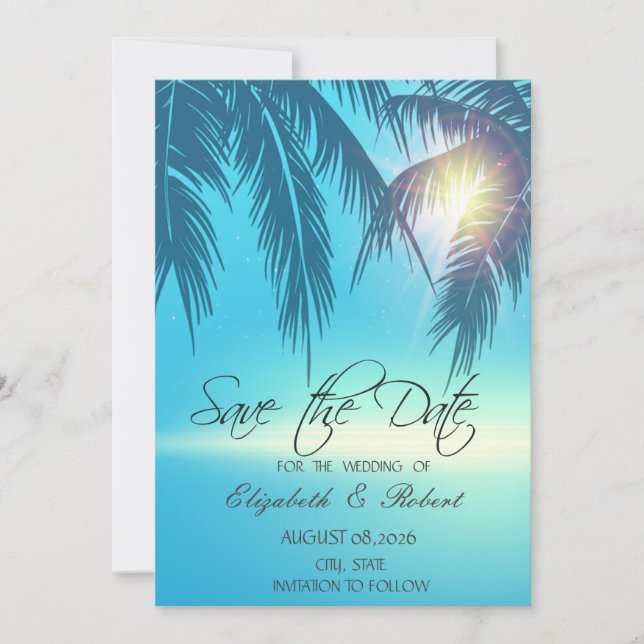 Palm Leaves Beach Blue Save The Date (Vorderseite)