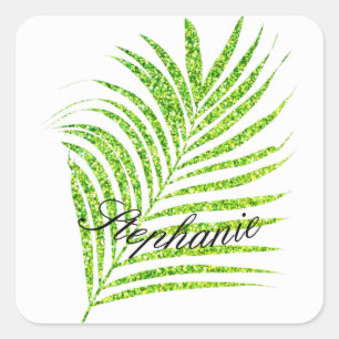 Palm Leaves Glittery Green Custom Name Cute Quadratischer Aufkleber