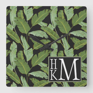 Palm Leaves Monogram Quadratische Wanduhr