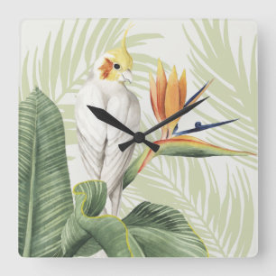 Palm Leaves With White Bird Quadratische Wanduhr