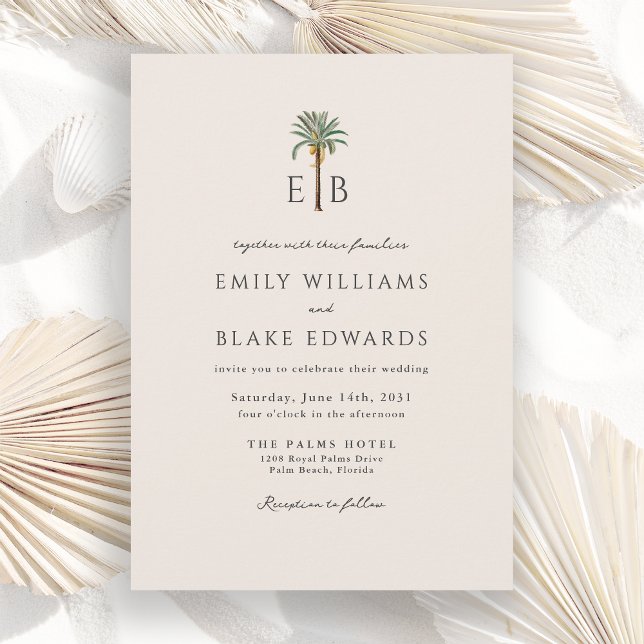 Palm Logo Elegant Tropical Monogram Wedding Einladung (Von Creator hochgeladen)