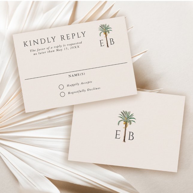 Palm Logo Elegant Tropical Monogram Wedding RSVP Karte (Von Creator hochgeladen)