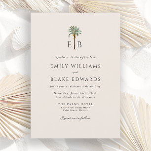 Palm-Logo Elegantes Tropisches Monogramm-Hochzeit Einladung
