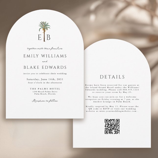 Palm Monogram Elegant Arch Tropical Wedding QRCode Einladung (Von Creator hochgeladen)