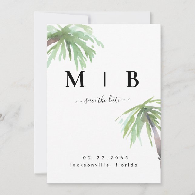 Palm Monogram Tropical White Wedding Save the Date (Vorderseite)