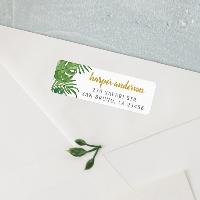 Palm & Monstera | Gold Name Modern Return Address (Return Address Label Mock-up)