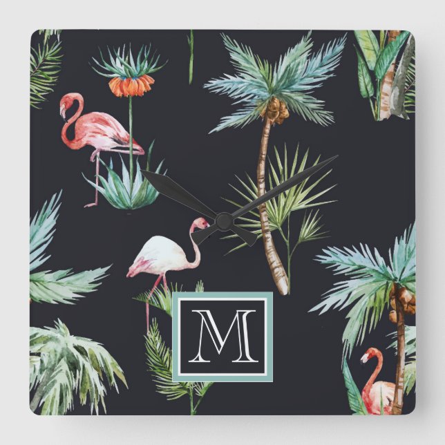 Palm-Muster | Anfänglich hinzufügen Quadratische Wanduhr (Vorderseite)