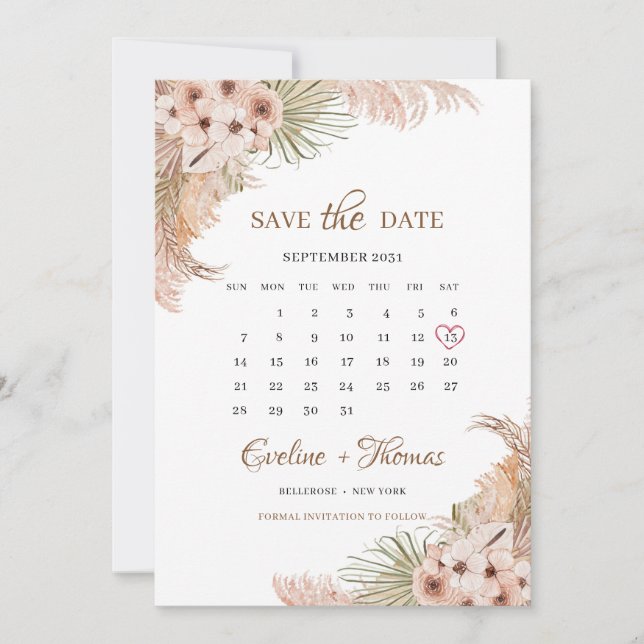 Palm Pampas Grass Blush Orchid Kalender getrocknet Save The Date (Vorderseite)