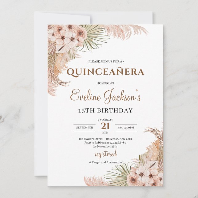 Palm Pampas Grass Blush Orchid Quinceanera getrock Einladung (Vorderseite)