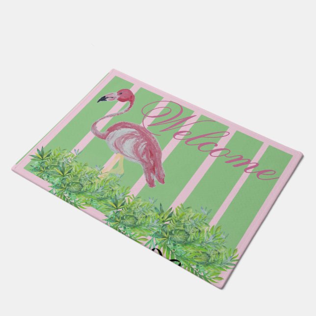 Palm Pink Flamingo Flamingos Doormat Fußmatte (Schrägansicht)