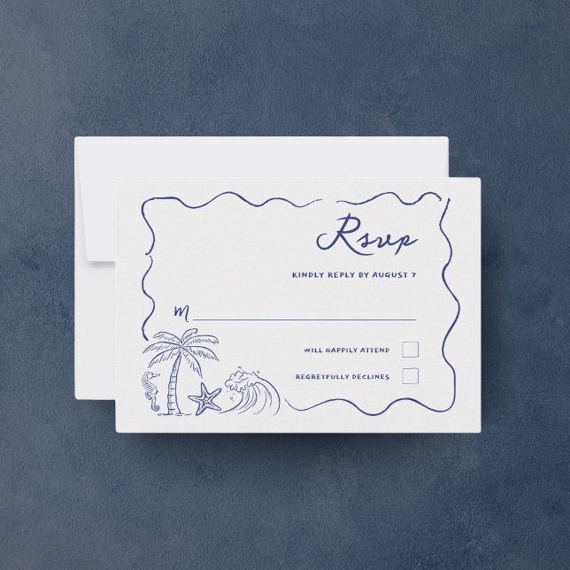 Palm Seashell Beach Hochzeit mit handgezogenen Küs RSVP Karte (Von Creator hochgeladen)