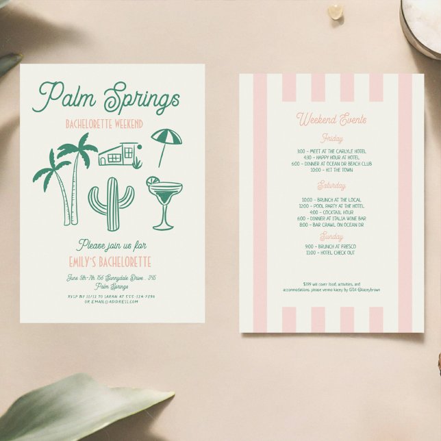 Palm Spring Green Pink Hand gezeichnete Hochzeit Einladung (Von Creator hochgeladen)