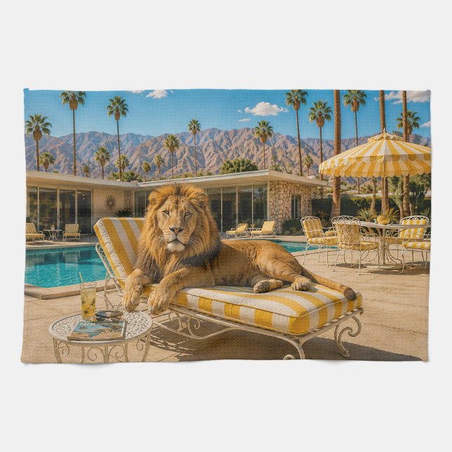 Palm Springs 1950 Poolside-Löwe entspannt Geschirrtuch (Horizontal)