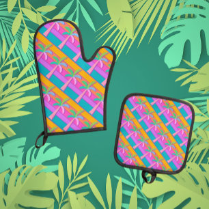 Palm Springs Bold Sunset Stripes Palm Tree Ofenhandschuh & Topflappen-Set