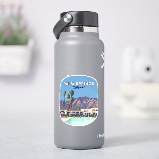 Palm Springs California Pool Hotel Trees Retro Aufkleber (HydroFlask)