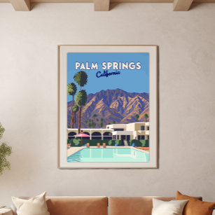 Palm Springs California Pool Hotel Trees Retro Poster