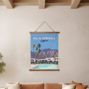 Palm Springs Kalifornien Pool Hotel Bäume Retro Wandteppich Mit Holzrahmen