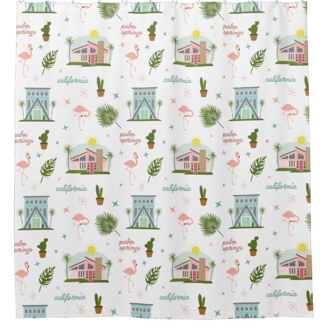 Palm Springs Pink House Cactus Flamingo Pattern Duschvorhang (Vorderseite)