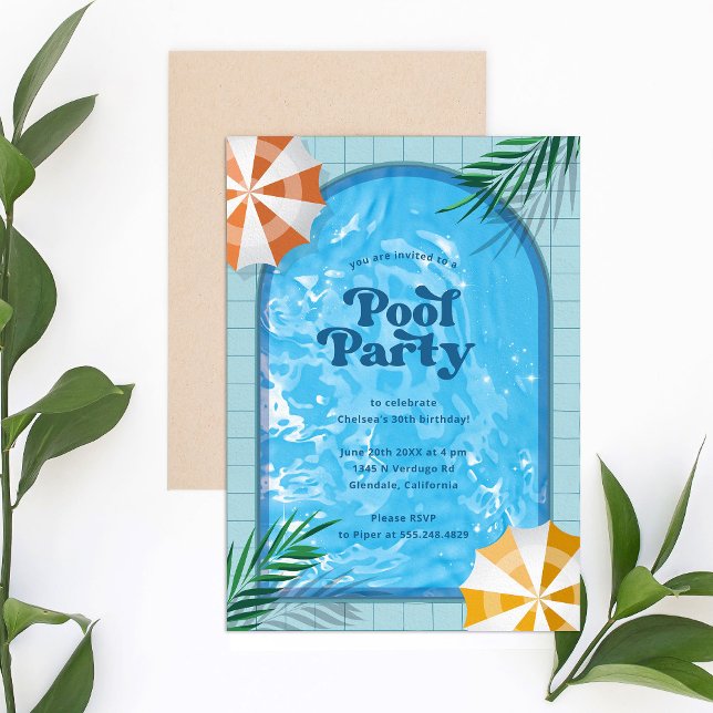 Palm Springs Pool Party Blue Adult Geburtstag Einladung (Palm Springs pool party invitation for adults.)