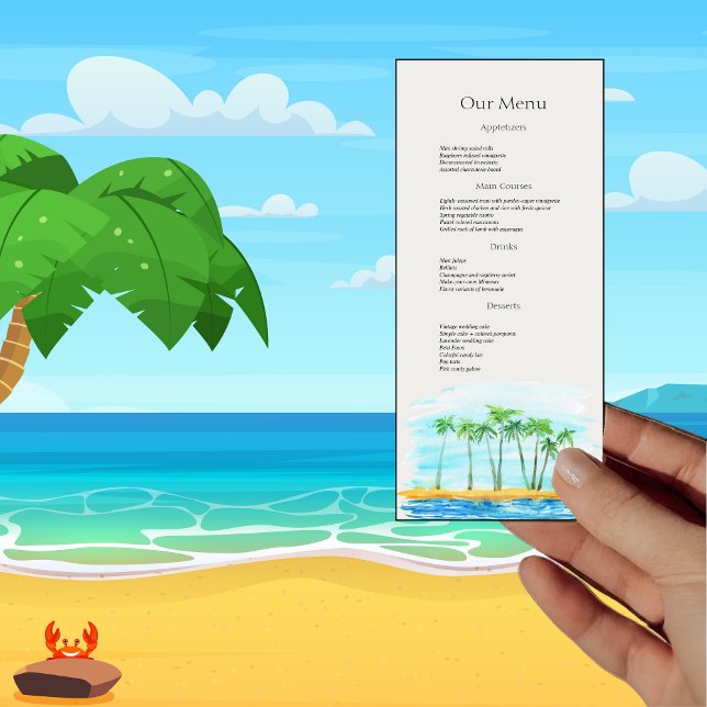 Palm Tree and Beach Wedding Dinner Menu Menükarte (Von Creator hochgeladen)