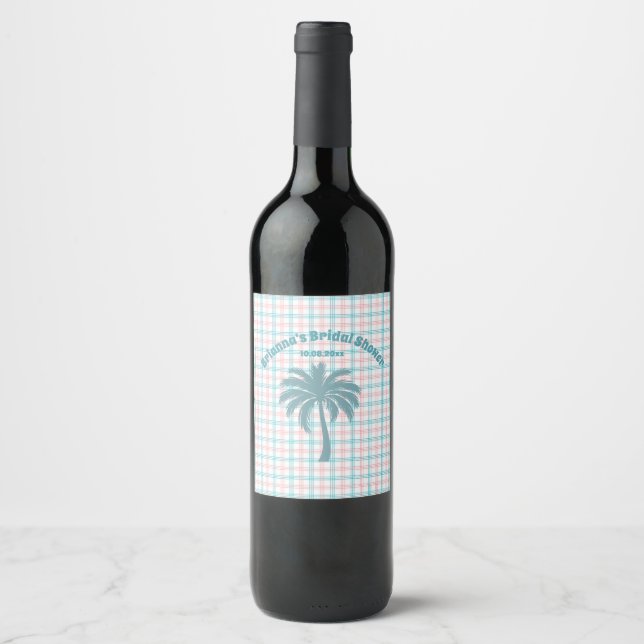 Palm Tree Azure Pink Kegeltes Brautparty Weinetikett (Vorderseite)