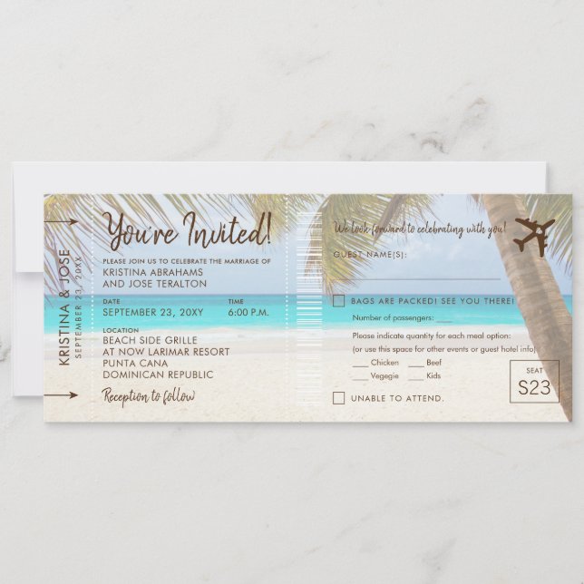 Palm Tree Beach Boarding Pass Einladung Hochzeit (Vorderseite)