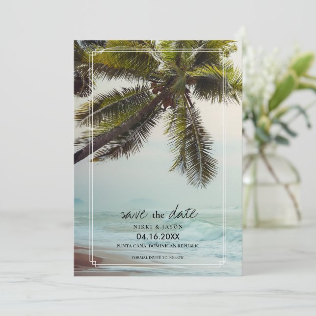 Palm Tree Beach Hochzeit in Urlaubsort Save the Da Date (Stehend Vorderseite)