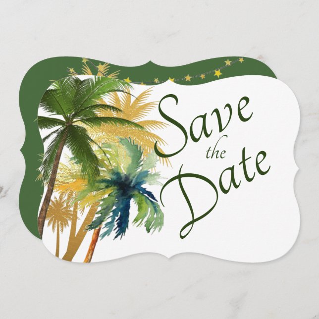 Palm Tree Beach Hochzeit Save the Date (Vorne/Hinten)