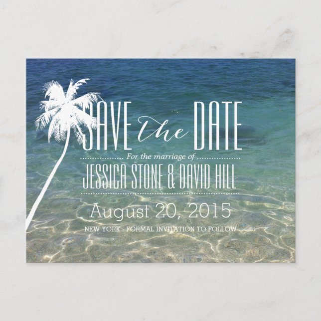 Palm Tree Beach Hochzeit Save the Date Ankündigungspostkarte (Vorderseite)