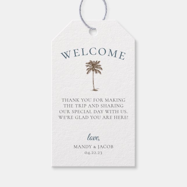 Palm Tree Beach Hochzeitungs-Begrüßungstasche Geschenkanhänger (Vorderseite)