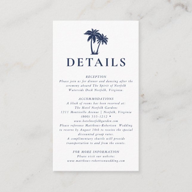 Palm Tree Beach Nautical Navy Details Umschließung Begleitkarte (Vorderseite)