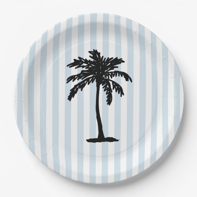 Palm Tree Beach Nautical Stripe Pappteller (Vorderseite)