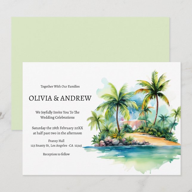 Palm Tree Beach Tropical Island Wedding Einladung (Vorne/Hinten)