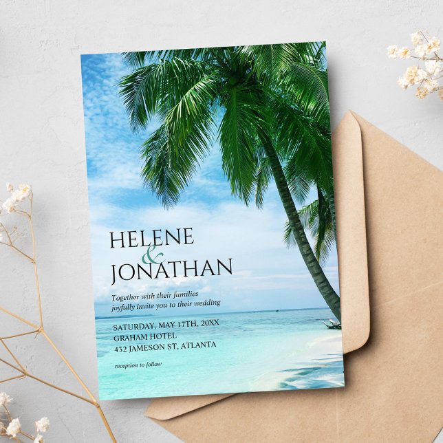 Palm Tree Beach Tropical Ocean Hochzeit in Urlaubs Einladung (Palm Tree Beach Tropical Ocean Destination Wedding Invitation)
