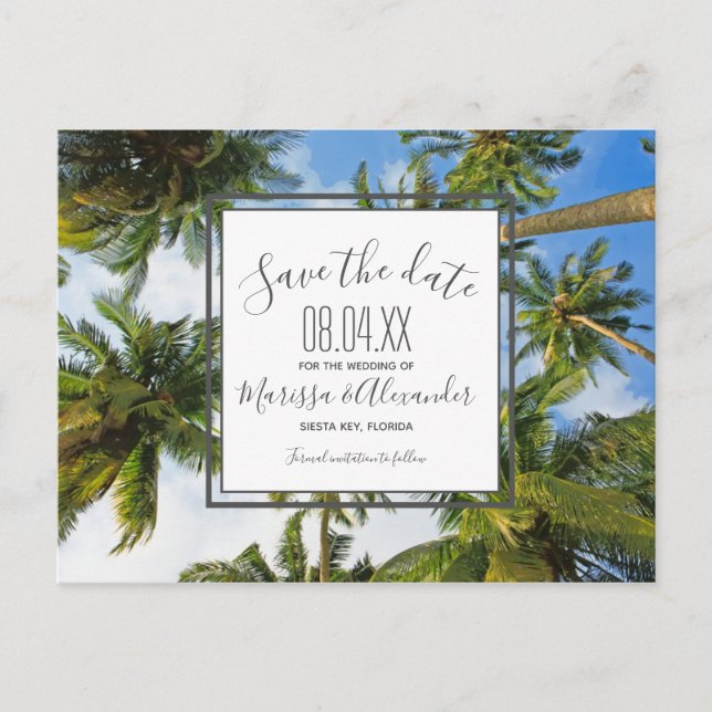 Palm Tree Beach Tropical Wedding rettet die Termin Ankündigungspostkarte (Vorderseite)